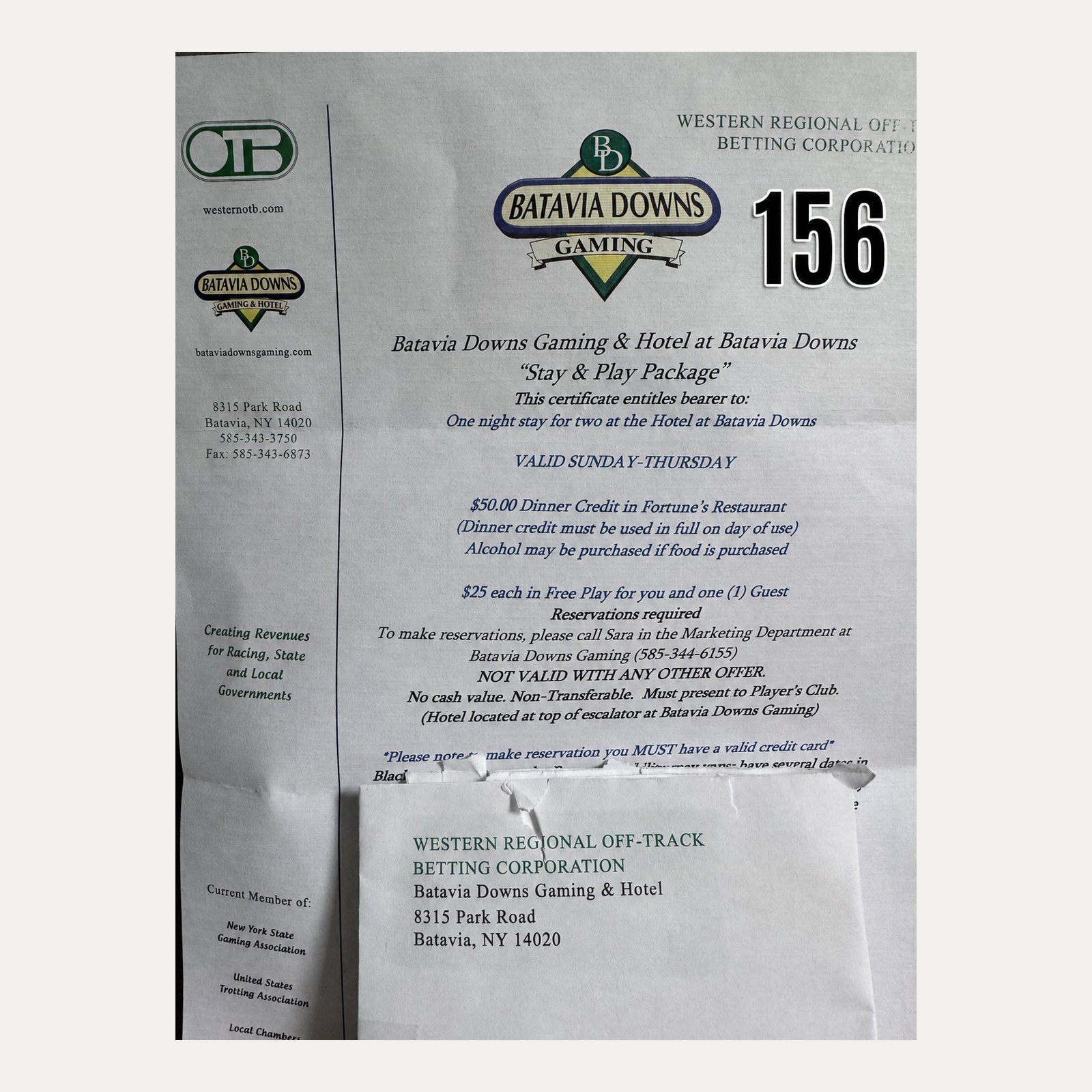 Premium Raffle Item #156: Batavia Downs Stay & Play Package