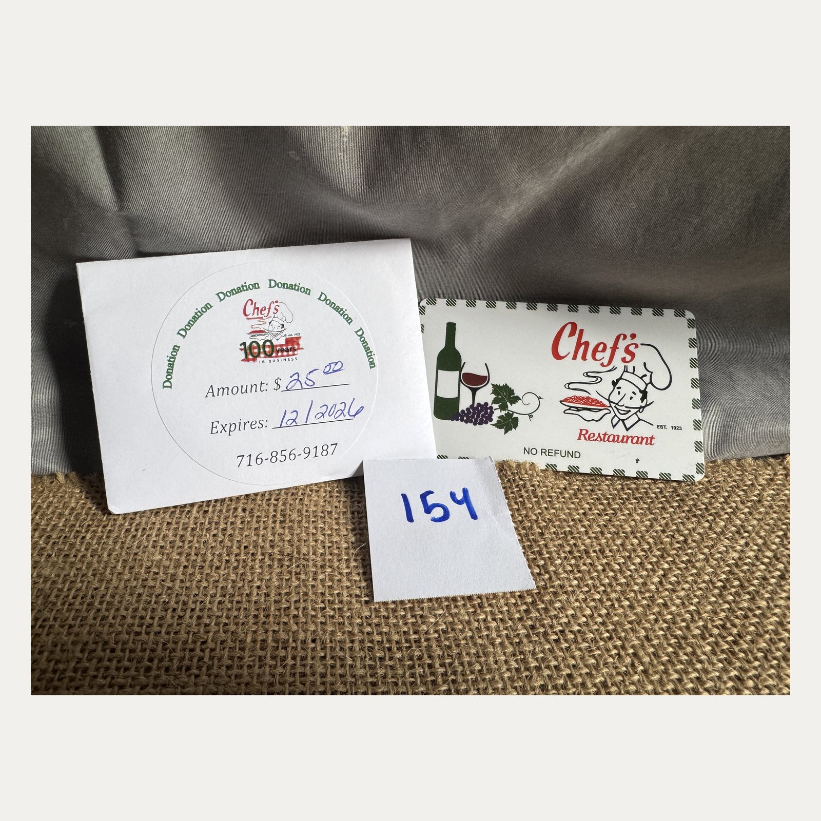 Raffle Basket/Item #154: Chef's Restaurant Gift Certificate Package