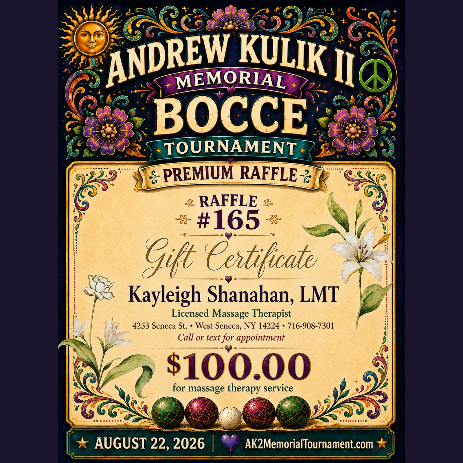 Premium Raffle Item #165: $100 massage therapy gift certificate from Kayleigh Shanahan, LMT