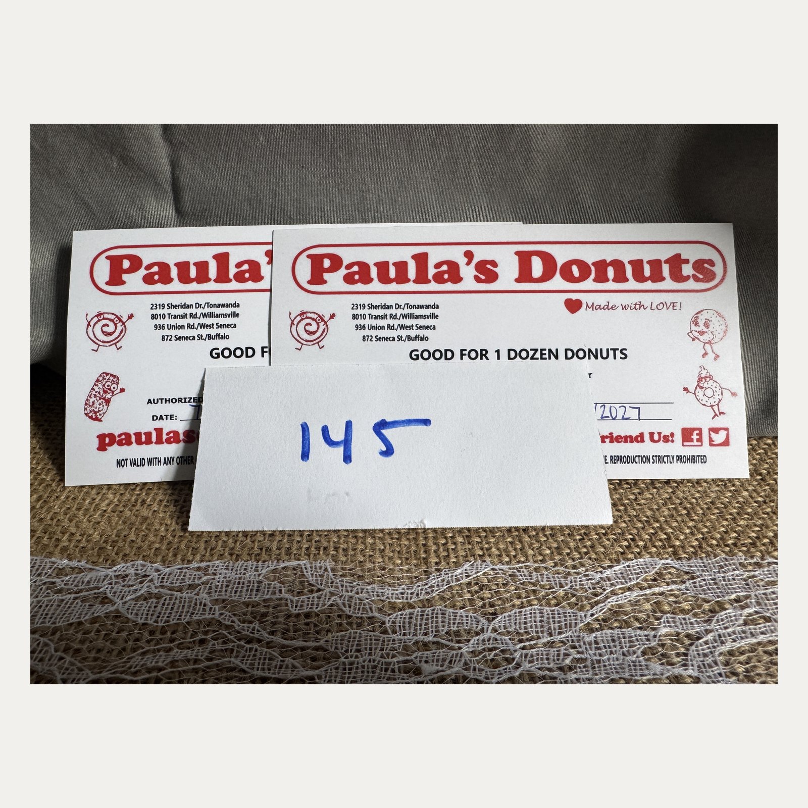 Raffle Basket/Item #145: Paula's Donuts Gift Certificates