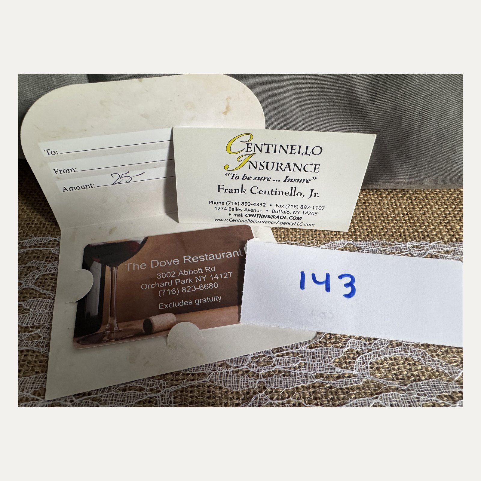Raffle Basket/Item #143: $25 Gift Certificate to The Dove Restaurant