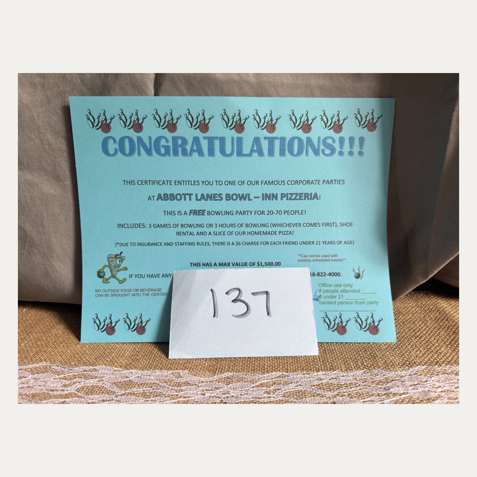 Premium Raffle Item #137: Abbott Lanes Bowling Party for 20–70 People