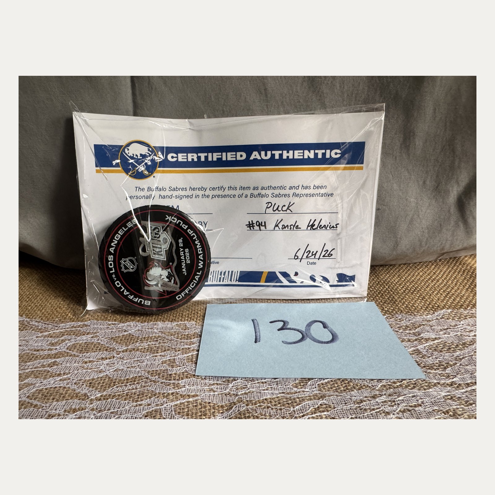 Premium Raffle Item #130: Konsta Helenius Autographed Buffalo Sabres Puck